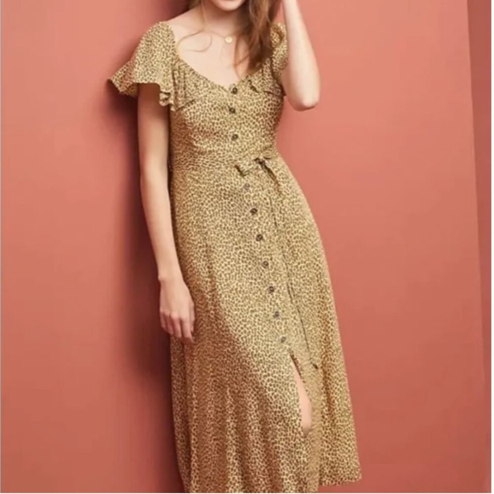 Anthropologie Bolano Cheetah Leopard Print Button Down Midi Dress 8